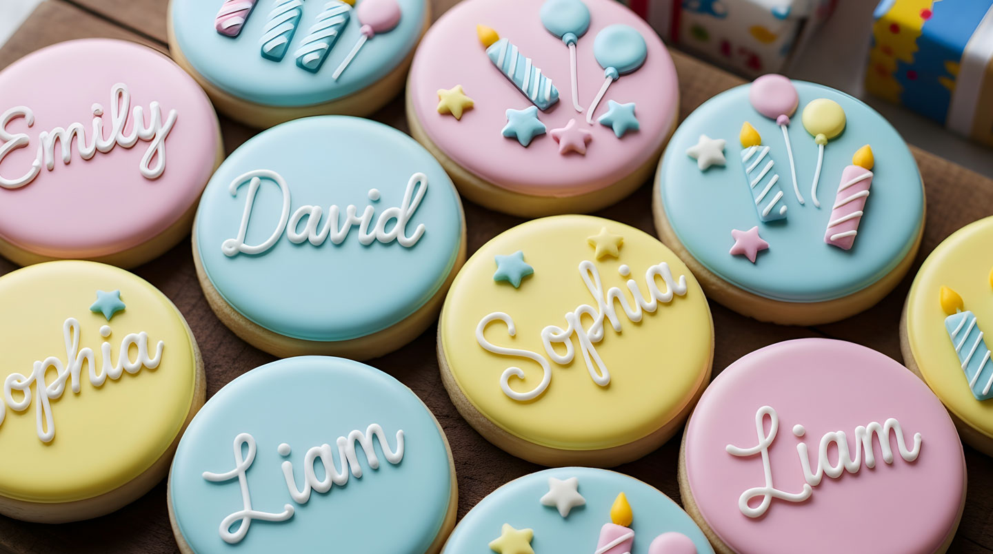 Assortiment de biscuits artisanaux personnalisés avec impressions de textes en français et photos sur surface blanche, emballage moderne en arrière-plan