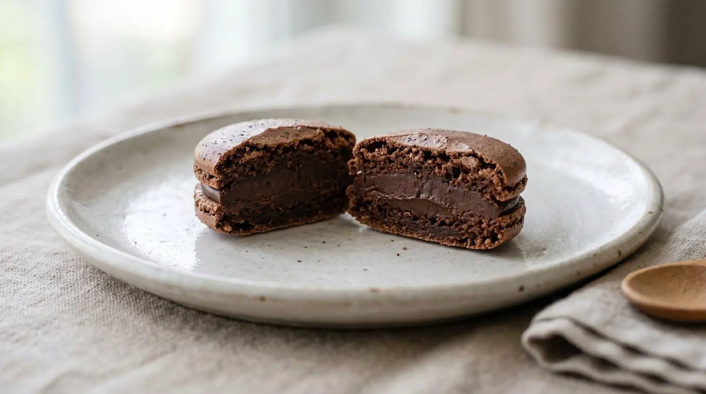 Macaron français coupé en deux révélant ganache au chocolat crémeuse, détails de texture visibles sur fond blanc neutre